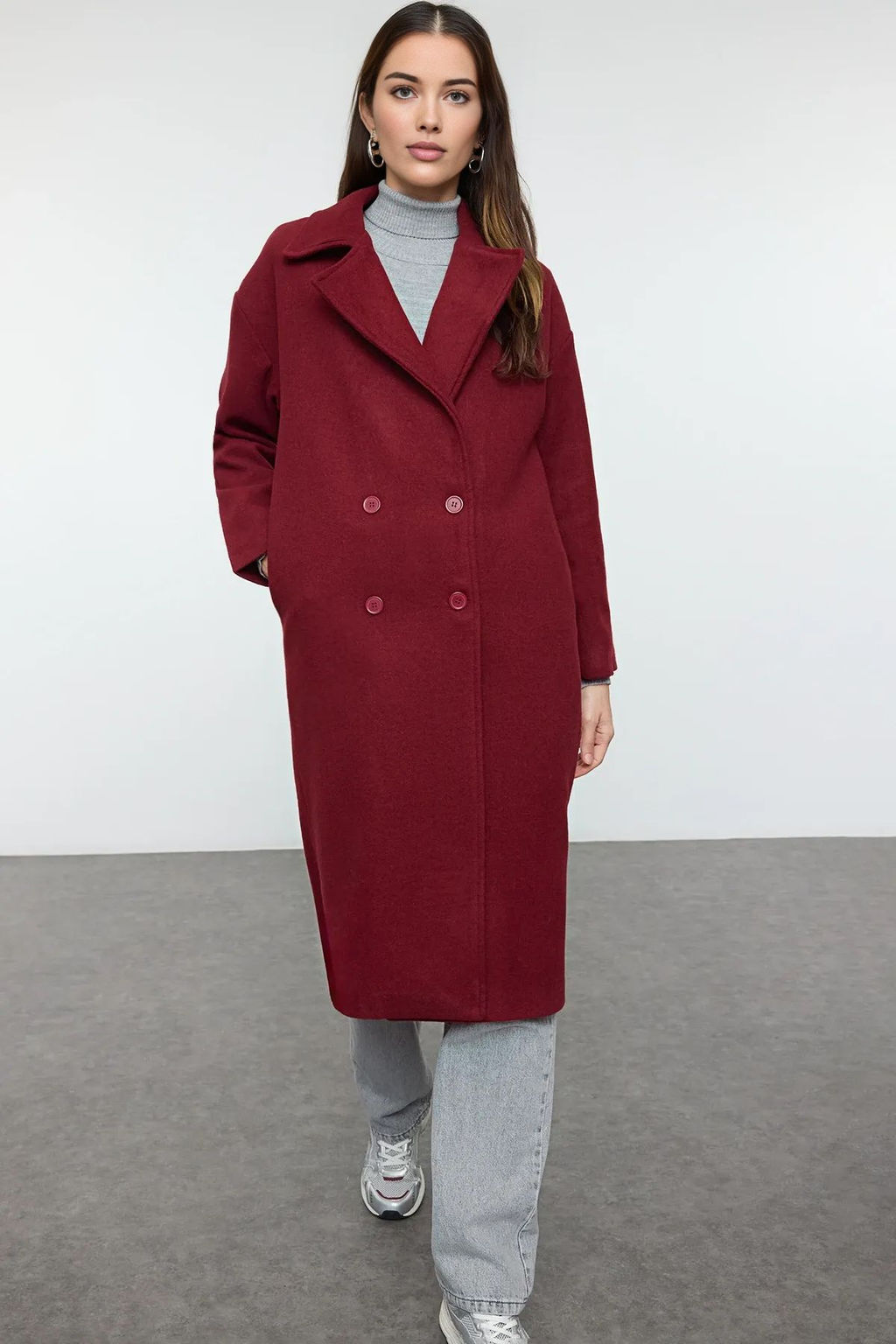 Bordo Oversize Genis Kesim Uzun Yunlu Kase Kaban TWOAW21KB0038