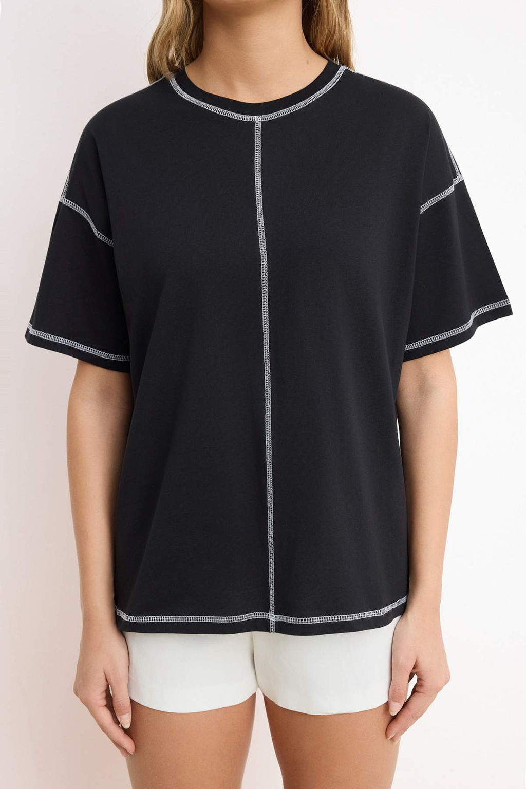 Siyah %100 Pamuk Karkoya Dikis Detayl? Oversize/Genis Kesim Orme T-Shirt TWOSS24TS00184