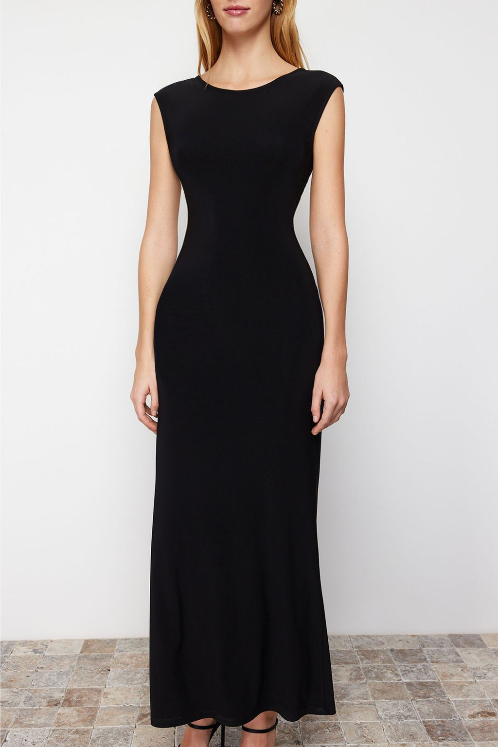 TRENDYOLMILLA Siyah S?rt Dekolteli Fitted/Vucuda Oturan Maxi Esnek Orme Maxi Kalem Elbise TWOSS24EL00090  фото 5