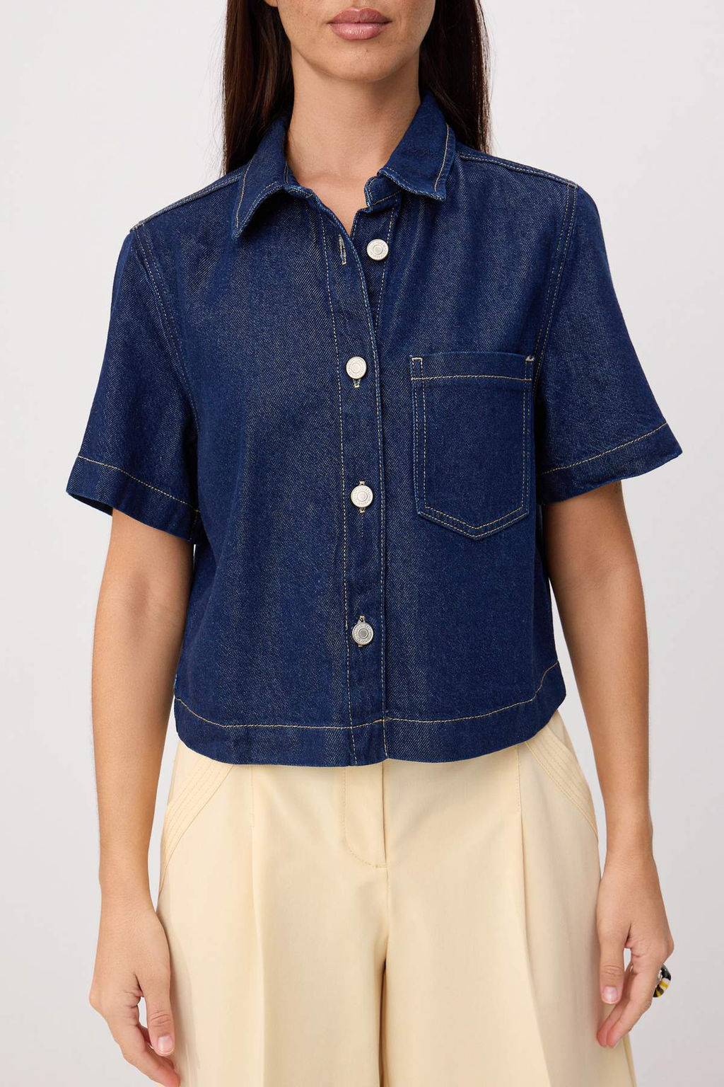 Lacivert Tencel Kar___ml_ K_sa Kol D__me Detayl_ Denim G_mlek TWOSS26GO00193 - Trendyolmilla фото 3