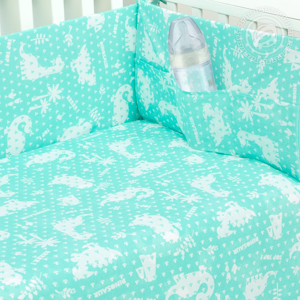 Динопарк Набор для новорожденных Динопарк/Борта:6шт; Подушка:1 шт-40*60; Наволочка(клапан):1шт.-40*60; Простыня на резинке:1шт.-120*60; Одеяло:1шт.-110*90; Пододеяльник:1шт.-110*90 Набор в кроватку (бязь) - Артпостелька фото 4