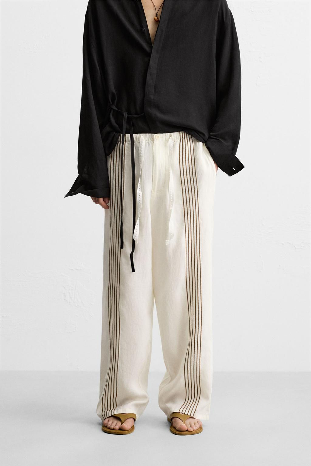 100% LINEN EMBROIDERED TROUSERS - Zara фото 2