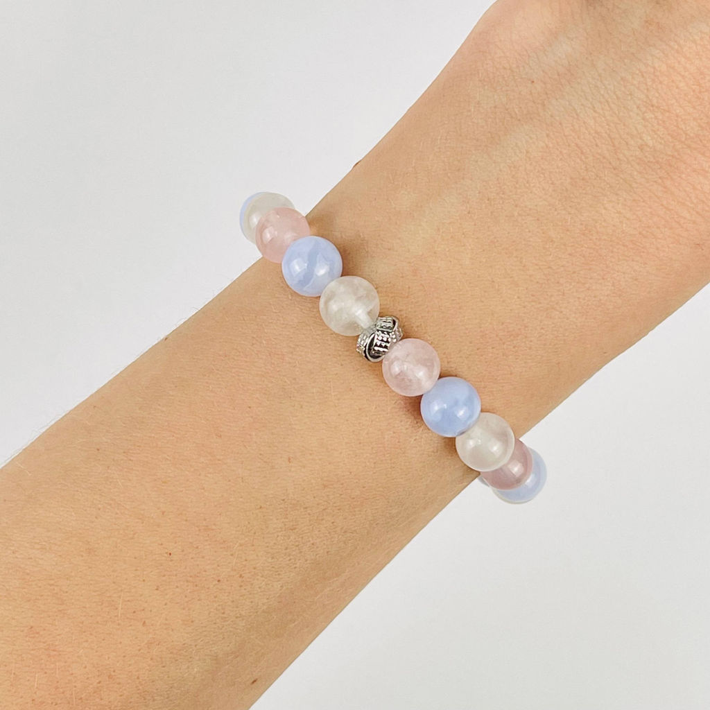 Браслет из Голубого агата, Розового кварца и Лунного камня со вставкой 18 см