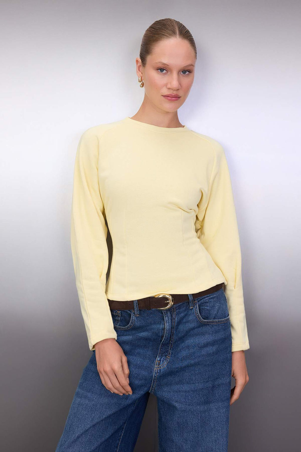 Ac?k Sar? Kal?n Sardonsuz Belden Oturmal? Bisiklet Yaka Orme Sweatshirt TWOAW26SW00068 - Trendyolmilla фото 2