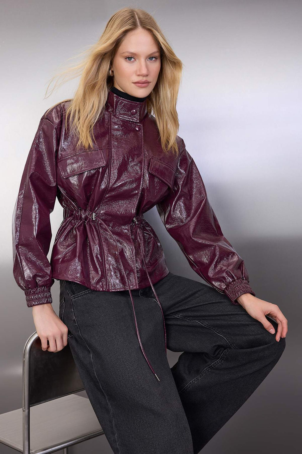 Bordo Regular Kal?p Belden Buzgulu Parlak Ince Ceket Mont TWOAW26MO00079 - Trendyolmilla фото 4