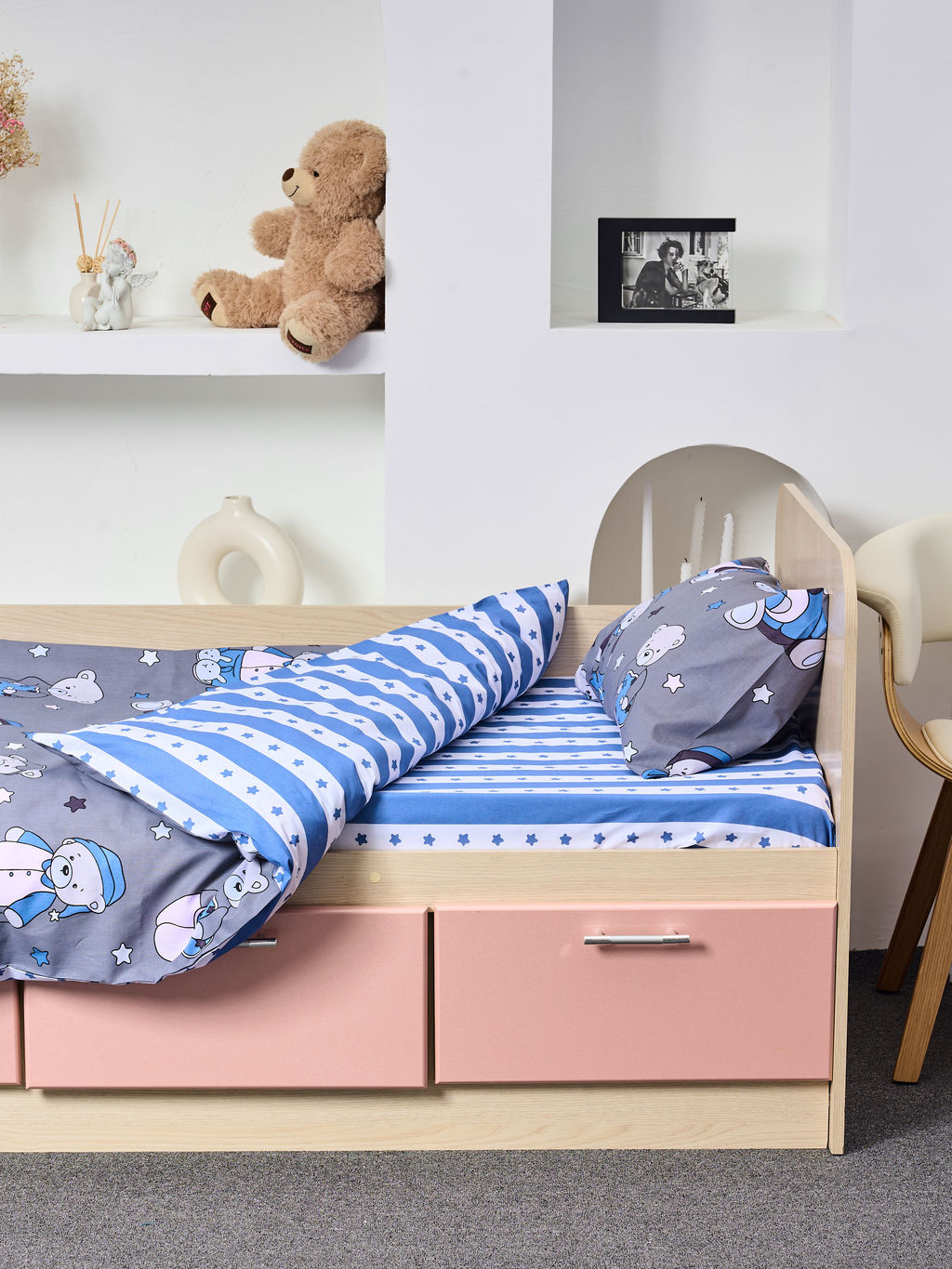 Постельное белье детское поплин с простыней на резинке - Мишки, цвет синий Детский