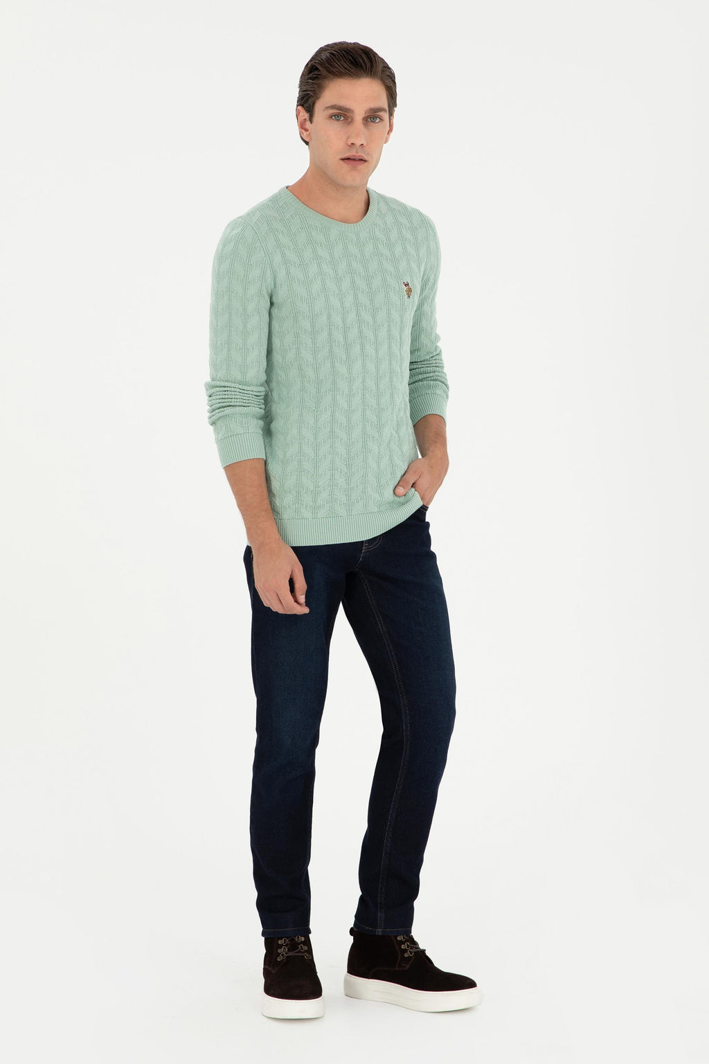 Erkek Slim Fit Bisiklet Yaka Su Ye_ili Basic Kazak