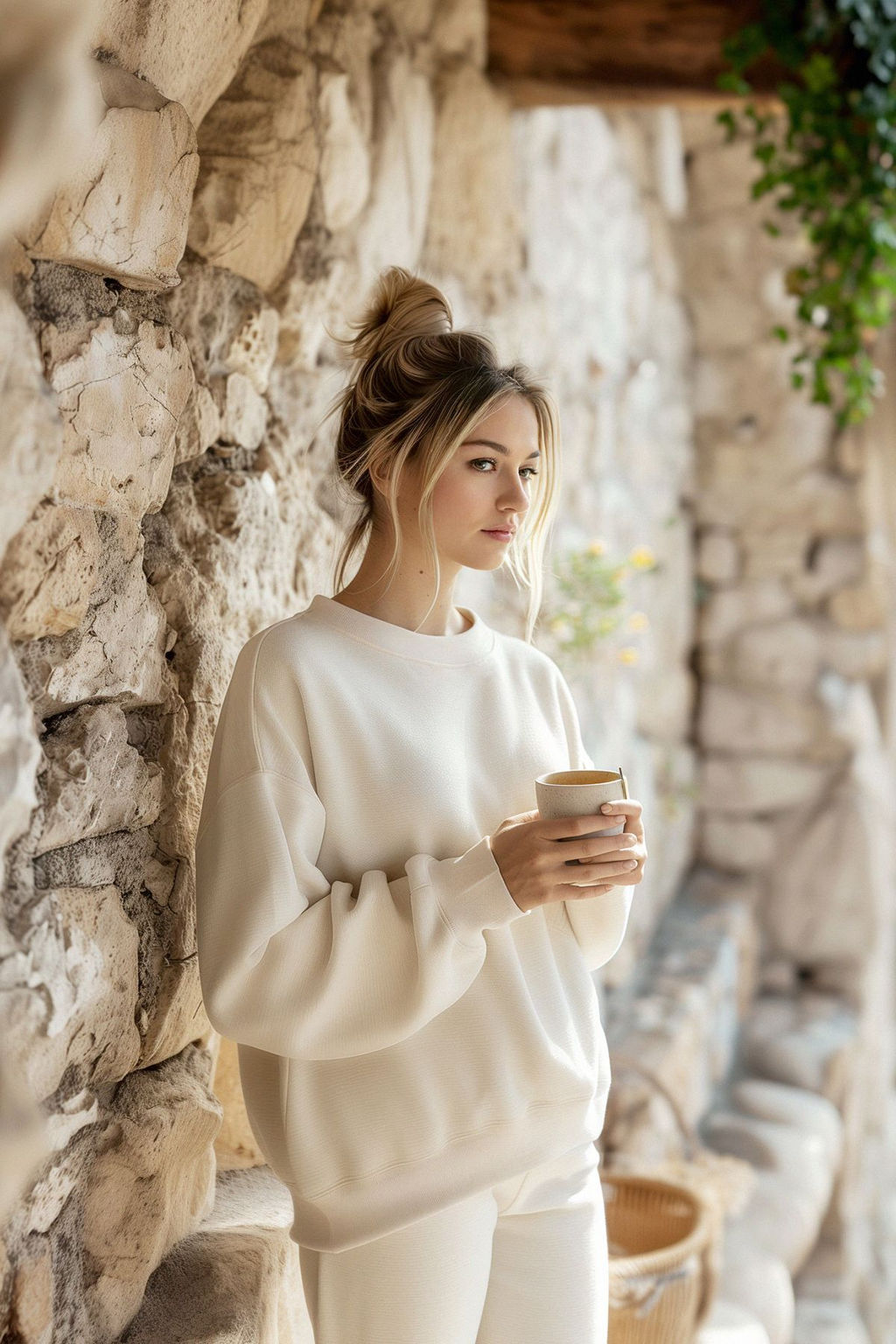 Tas Oversize/Rahat Kesim Basic Bisiklet Yaka Kal?n/Ici polarl? Orme Sweatshirt TWOAW24SW00102