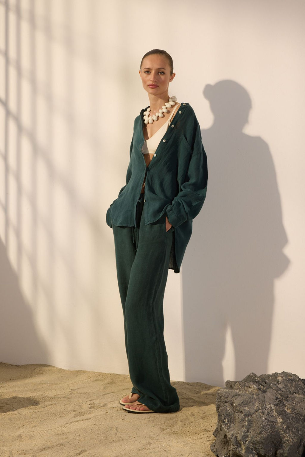 Trendyolmilla Petrol Yesili %100 Keten Oversize Gomlek TWOSS25GO00131 фото 2