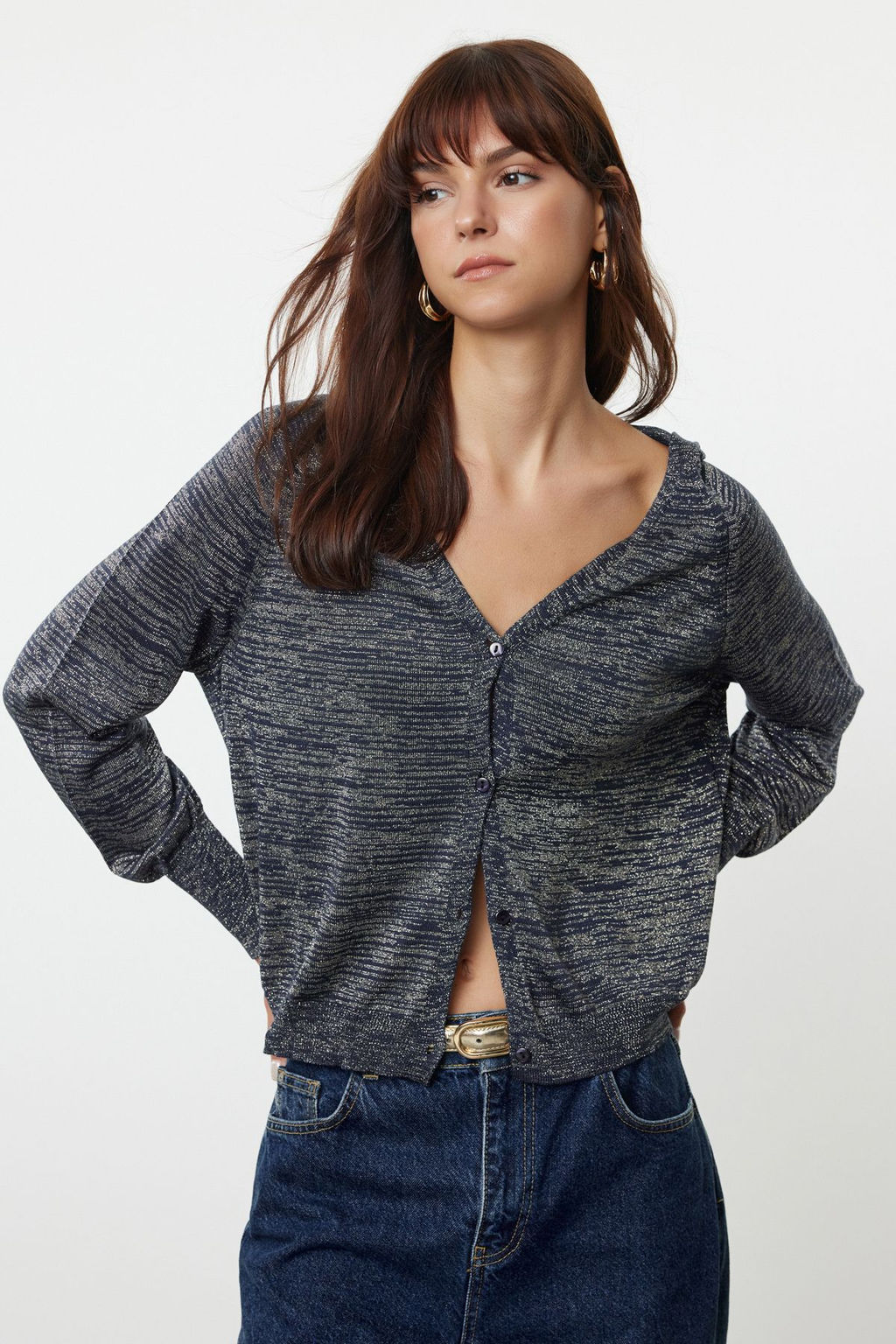 TRENDYOLMILLA Indigo Premium Kalite Genis Kal?p Simli Kapusonlu Triko H?rka TWOAW25HI00043