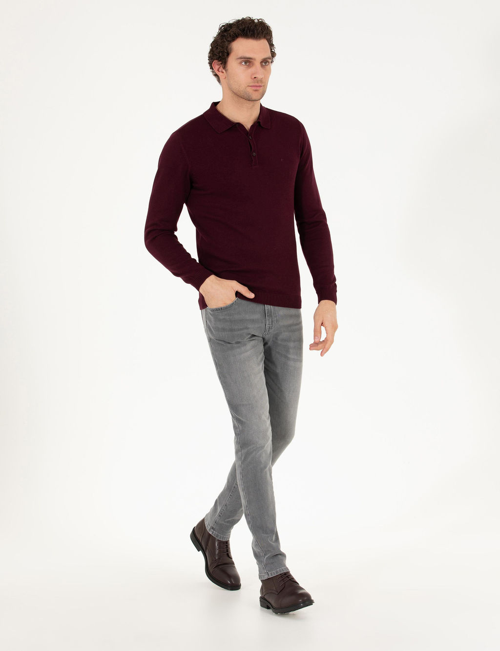 Бордово-красный базовый трикотажный свитер с воротником-поло приталенного кроя - Cacharel фото 4
