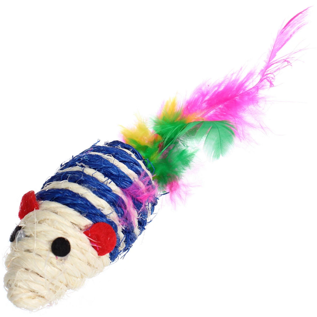 Цена за 6 шт. Игрушка - мышка для кошек "ЦЕПКИЕ ЛАПКИ", канатная с пёрышками, микс 3 цвета, 7*3,5см (пакет с хедером)