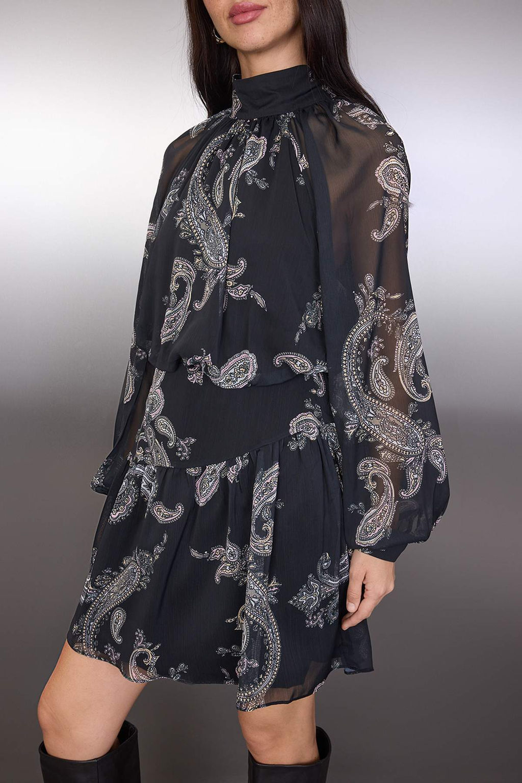 Siyah-Cok Renkli K?sa / Mini Sifon Astarl? Dokuma Elbise TWOAW26EL00273