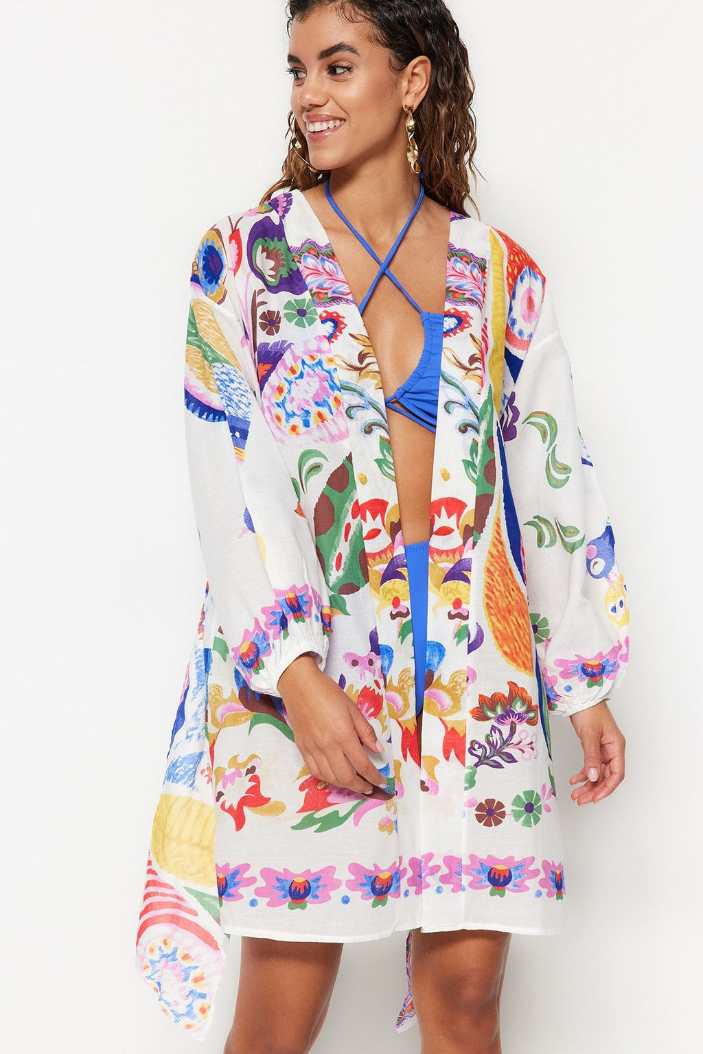 Cicek Desenli Kusakl? Mini Dokuma Balon Kollu %100 Pamuklu Plaj Kimono&Kaftan TBESS22KM0022 - Trendyolmilla фото 2