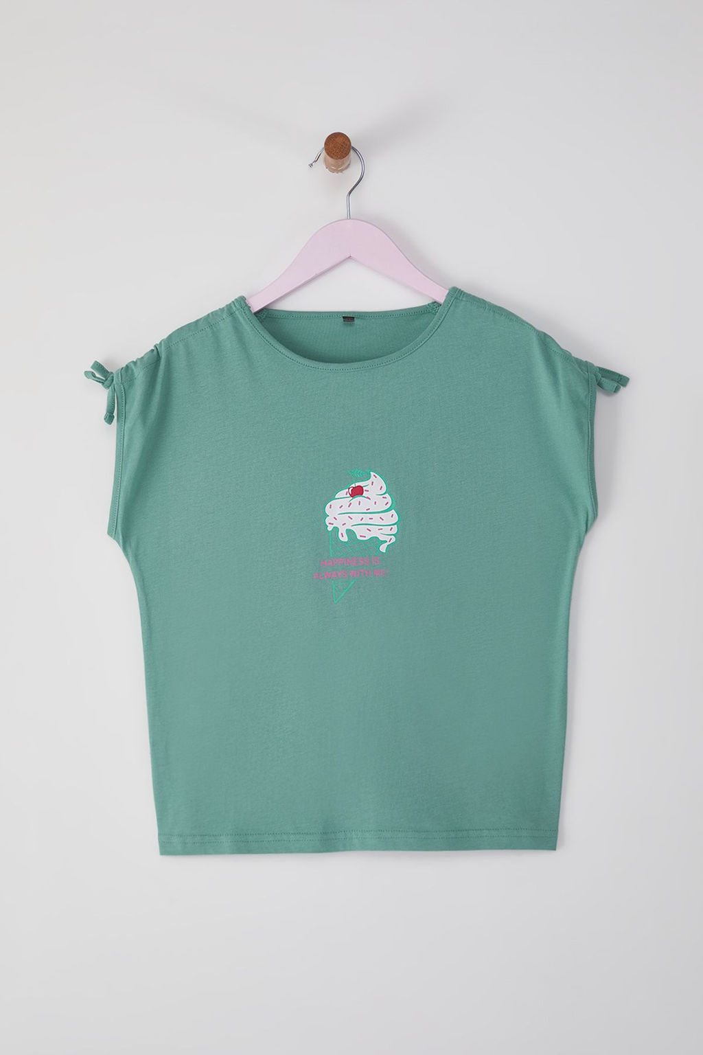 Mint K?z Cocuk %100 Pamuk Bask?l? Regular/Normal Kal?p Ay Kol Orme T-Shirt TKDSS25TS00059
