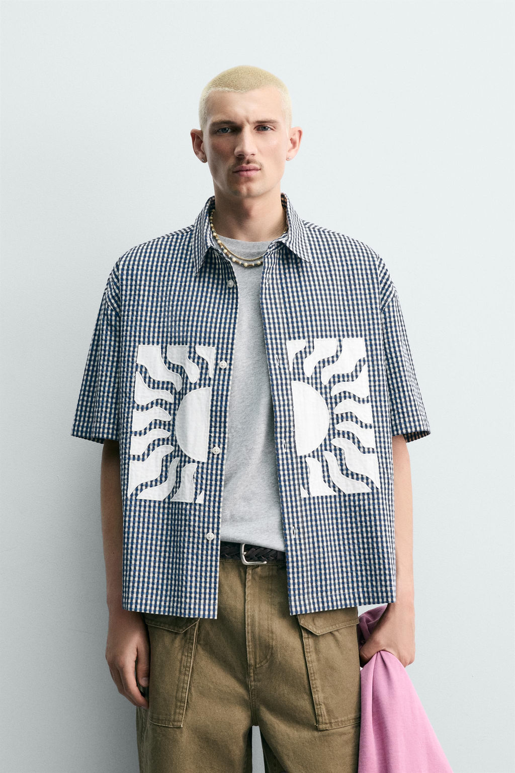 CAMISA BOXY FIT CUADROS PARCHES CONTRASTE / Azul / Blanco - Zara фото 2