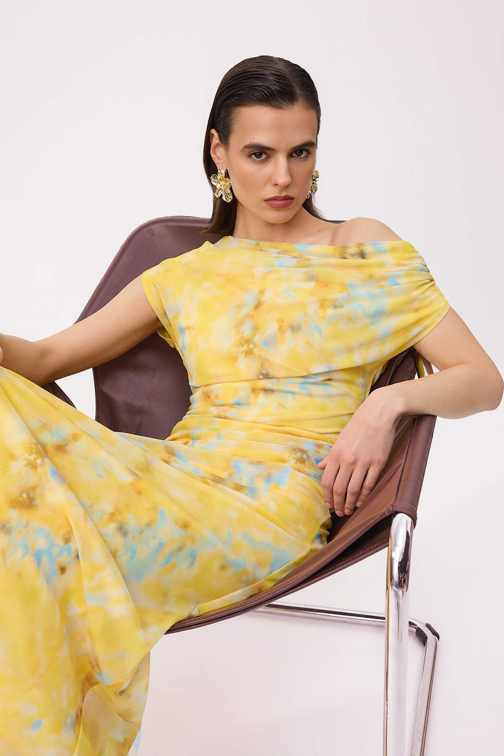 Sar?-Cok Renkli Cicekli Duz Kesim Orme Tul Maxi Astarl? S?k/Gece Elbise