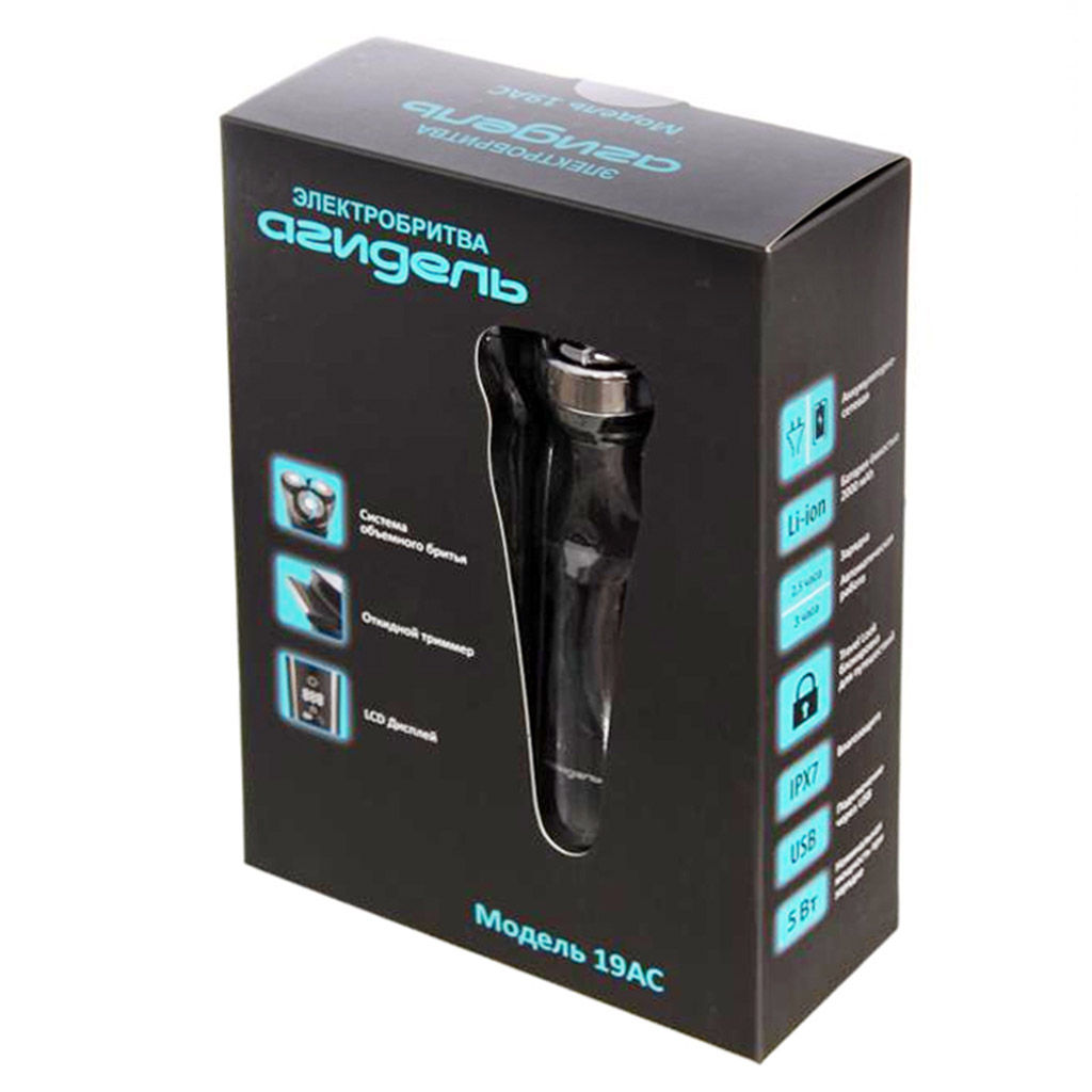 Электробритва "Агидель 19АС", аккумуляторно-сетевая, 5Вт, стальные ножи, 3-х ножевая, откидной триммер, LСD дисплей, IPX7 влагозащита, подключение через USB, батарея Li-ion емкостью 2000 mAh, автоматическая работа 3 часа, подарочная коробка 23х16х7см