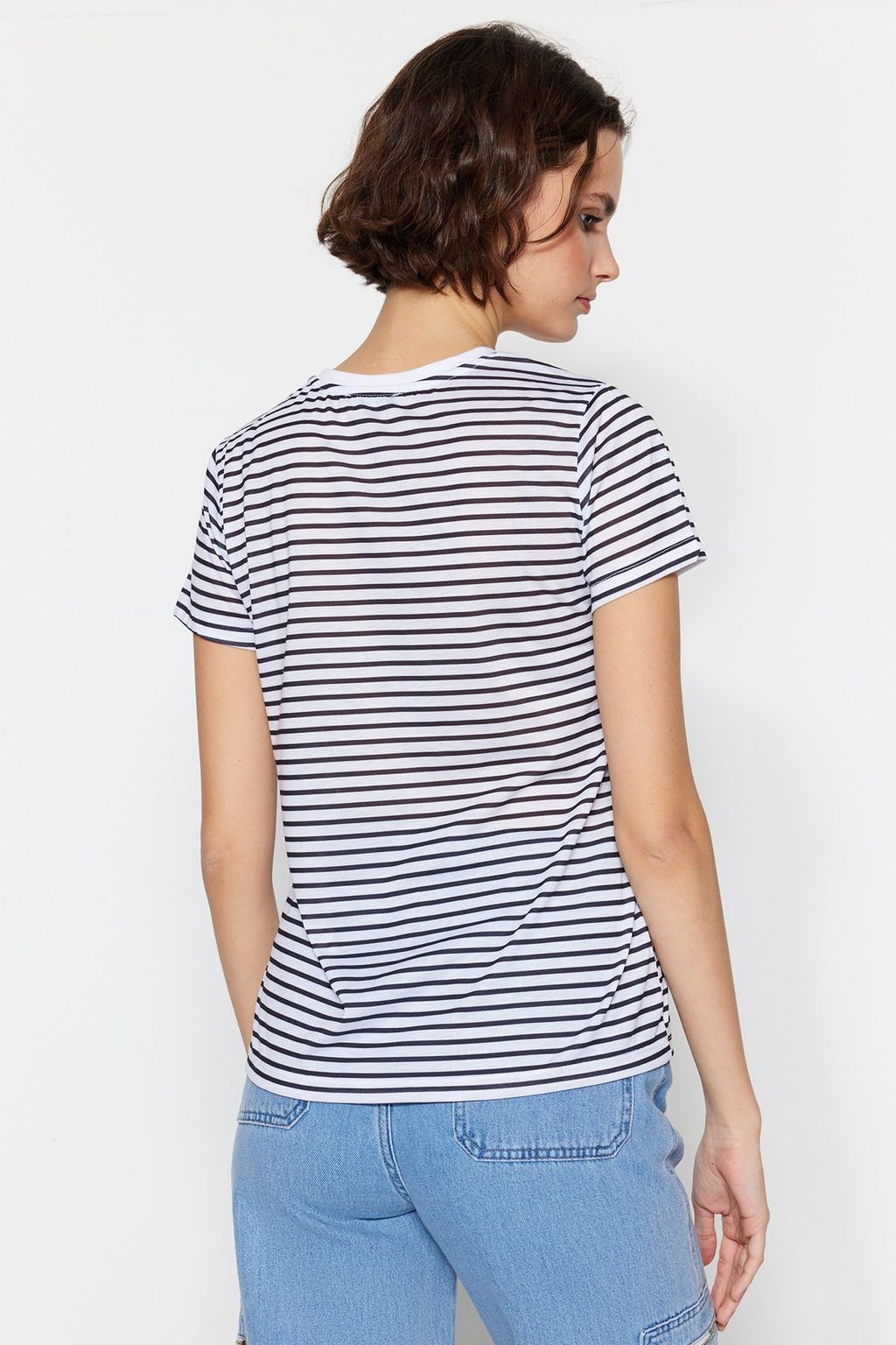 TRENDYOLMILLA Kahverengi-Bej-Haki Cizgili 3lu Paket Basic Bisiklet Yaka Orme T-Shirt TWOSS20TS0146  фото 13