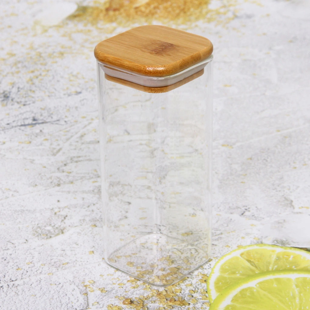 Цена за 2 шт. Банка для продуктов стеклянная 400мл "Хай-Тек" с бамбуковой крышкой, квадратная 6*15см