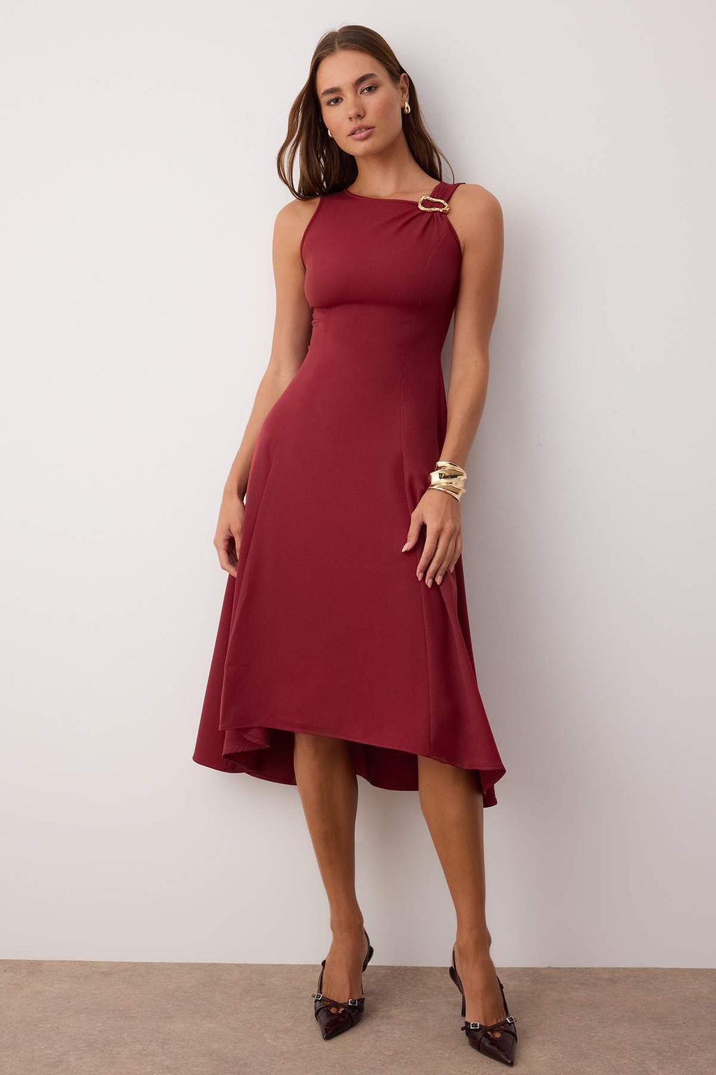 Bordo Duz Aksesuar Detayl? Midi Dokuma Elbise TWOAW26EL00116 - Trendyolmilla фото 10