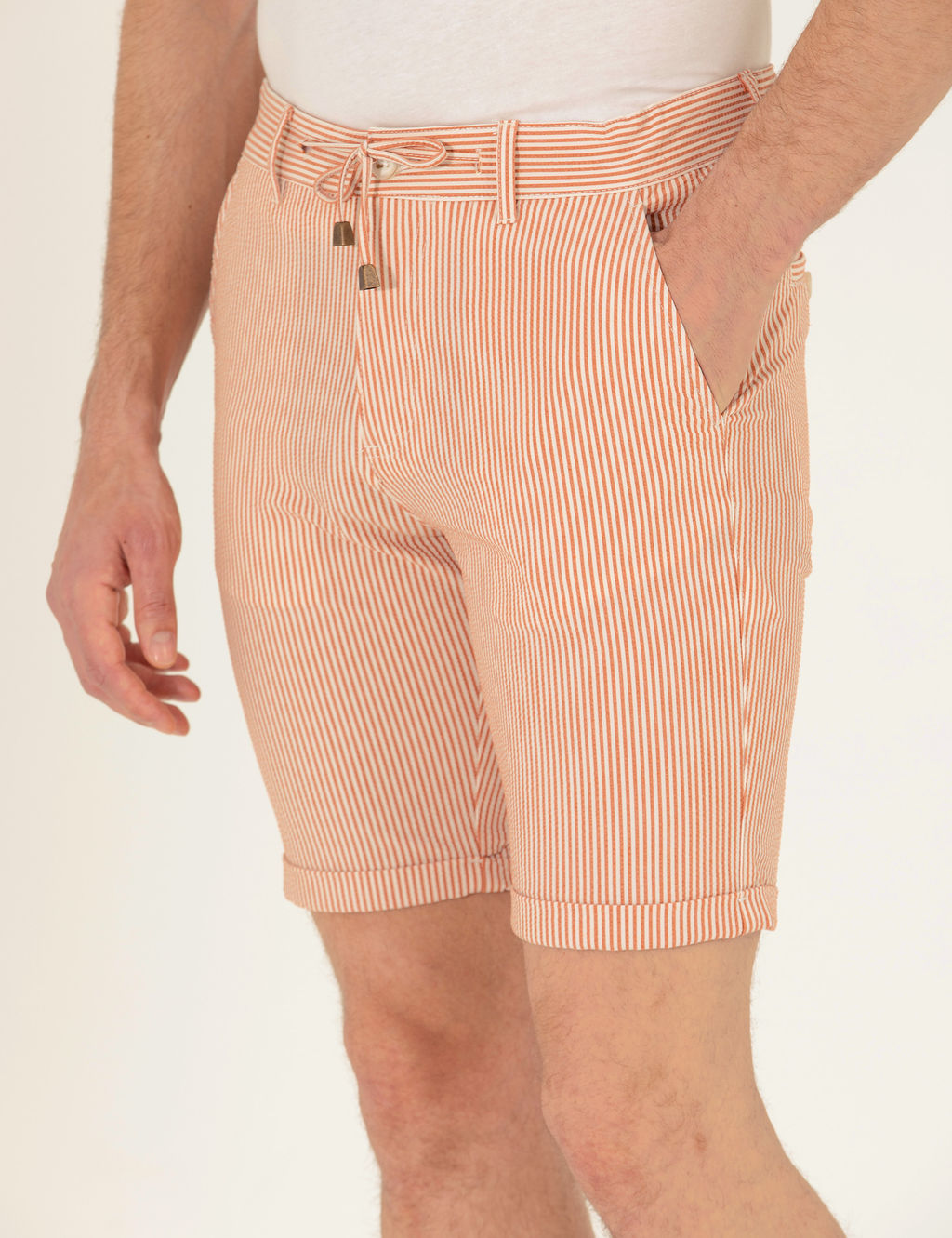 Turuncu Slim Fit Beli Lastikli _izgili Ba_c_kl_ Bermuda _ort