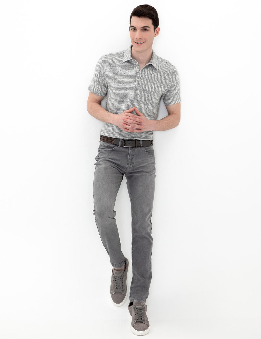 Gri Melanj Slim Fit Bask_l_ Polo Yaka Ti__rt