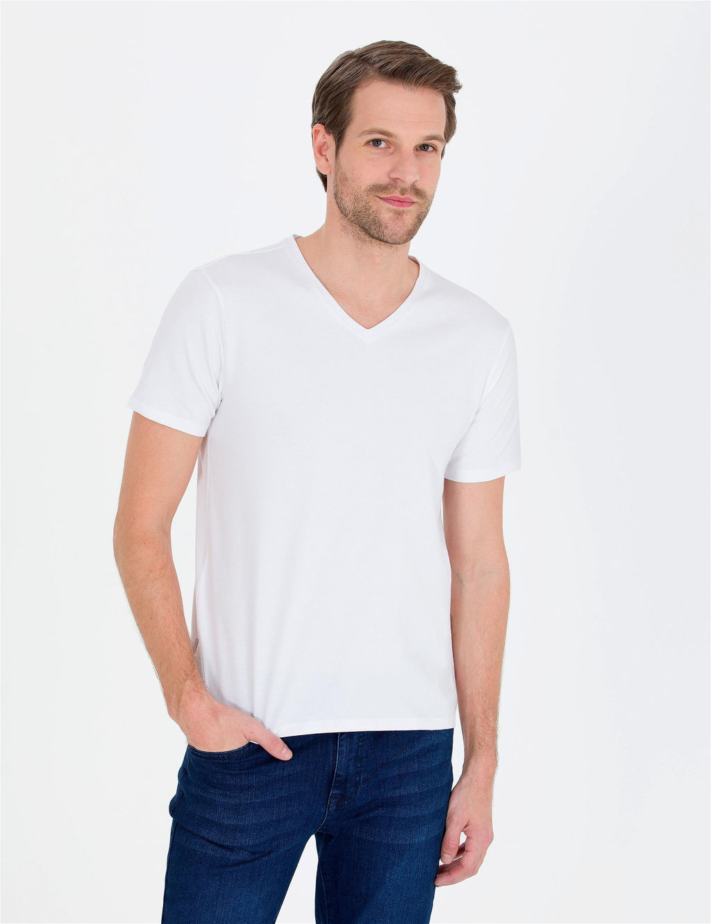 Beyaz Slim Fit V Yaka Basic Ti__rt - Pierre cardin фото 3