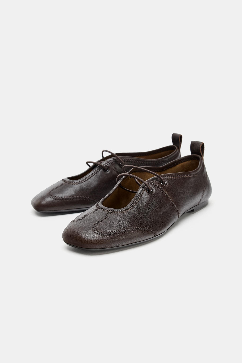 LEATHER LACE-UP BALLET FLATS - Zara фото 9