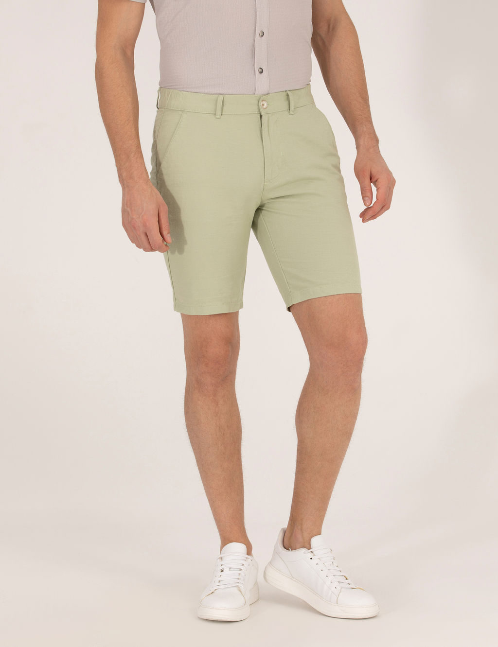 A__k Ye_il Slim Fit Keten Kar___ml_ Beli Lastikli Bermuda _ort