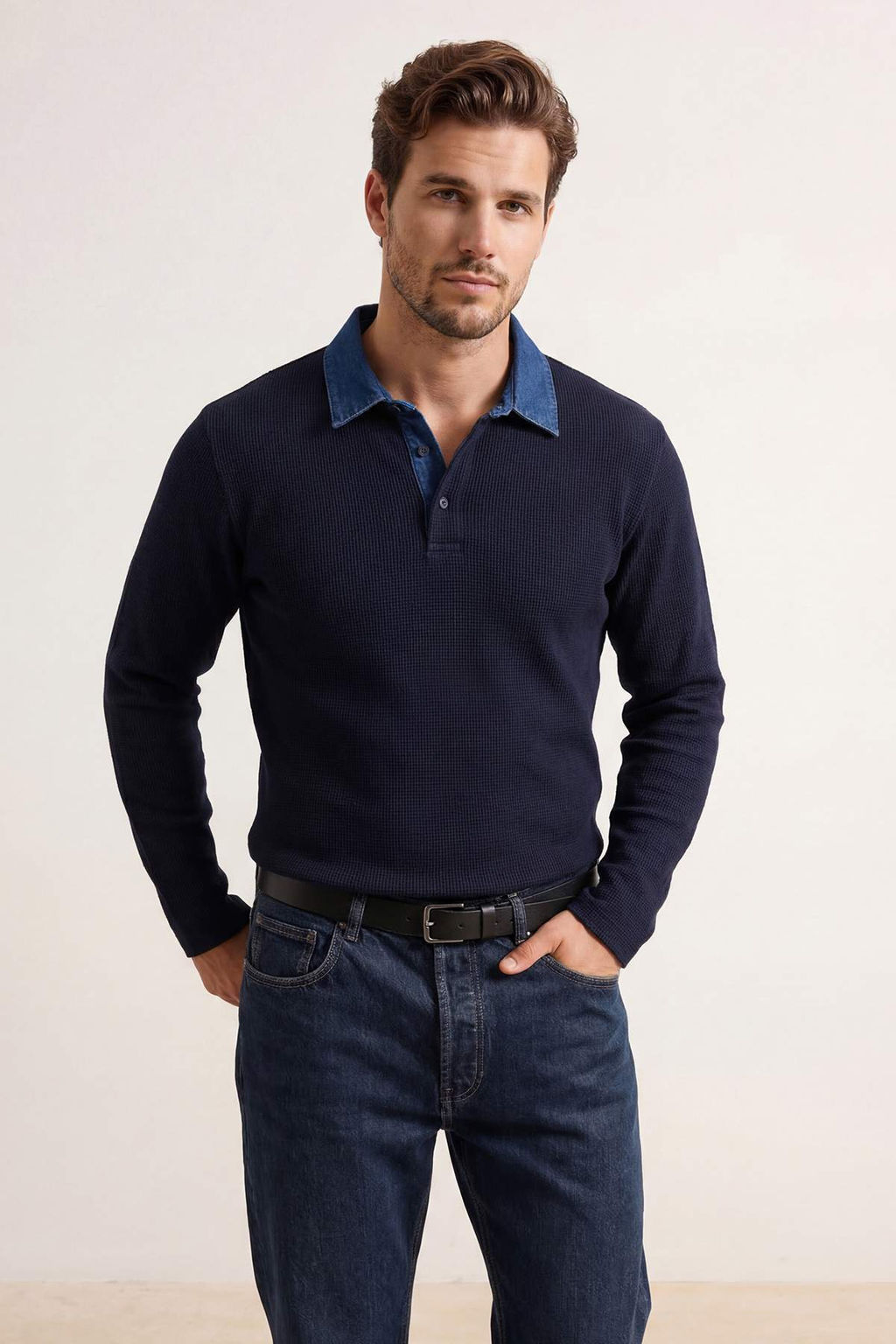 Lacivert Regular/Normal Kesim Dokulu Denim Yaka Detayl? Polo Yaka T-shirt TMNSS26PO00001