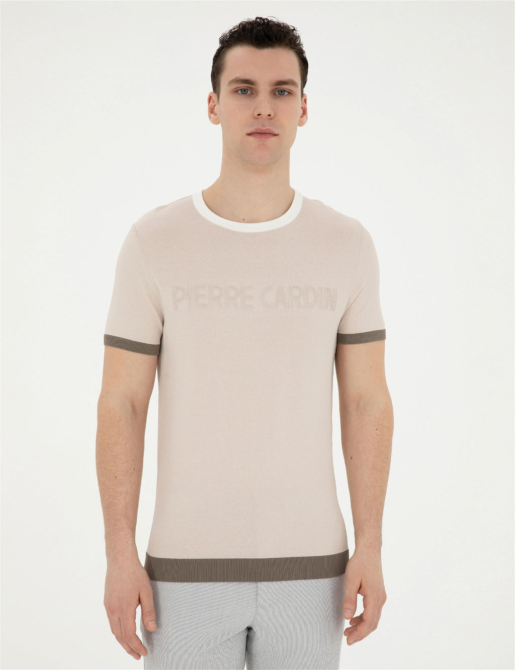 Bej Slim Fit Bisiklet Yaka Triko Ti__rt - Pierre cardin фото 3