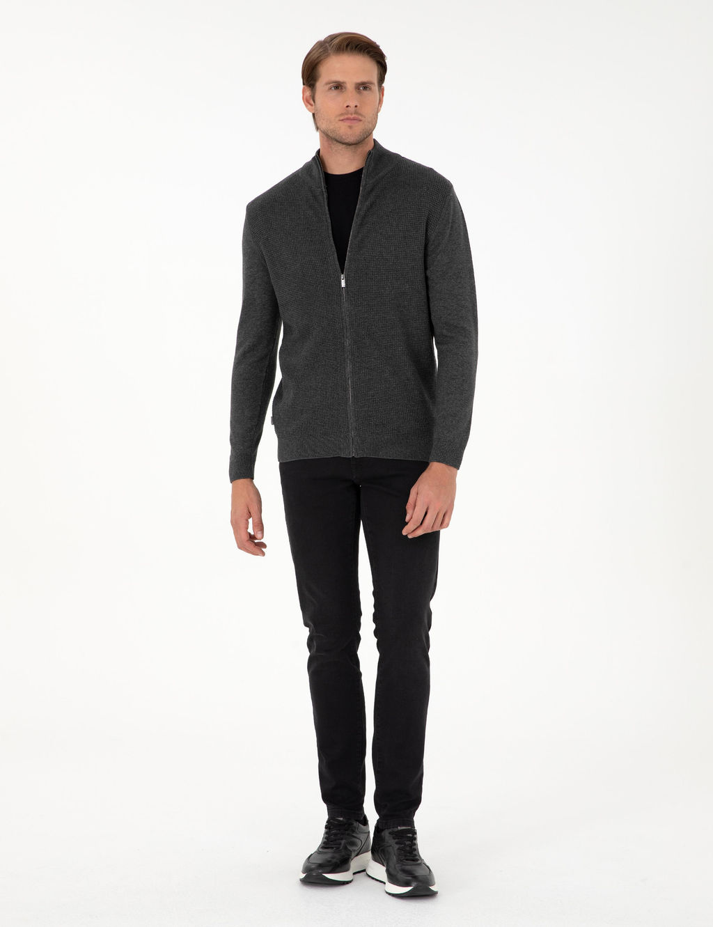 Gri Melanj Slim Fit Fermuarl_ Triko H_rka