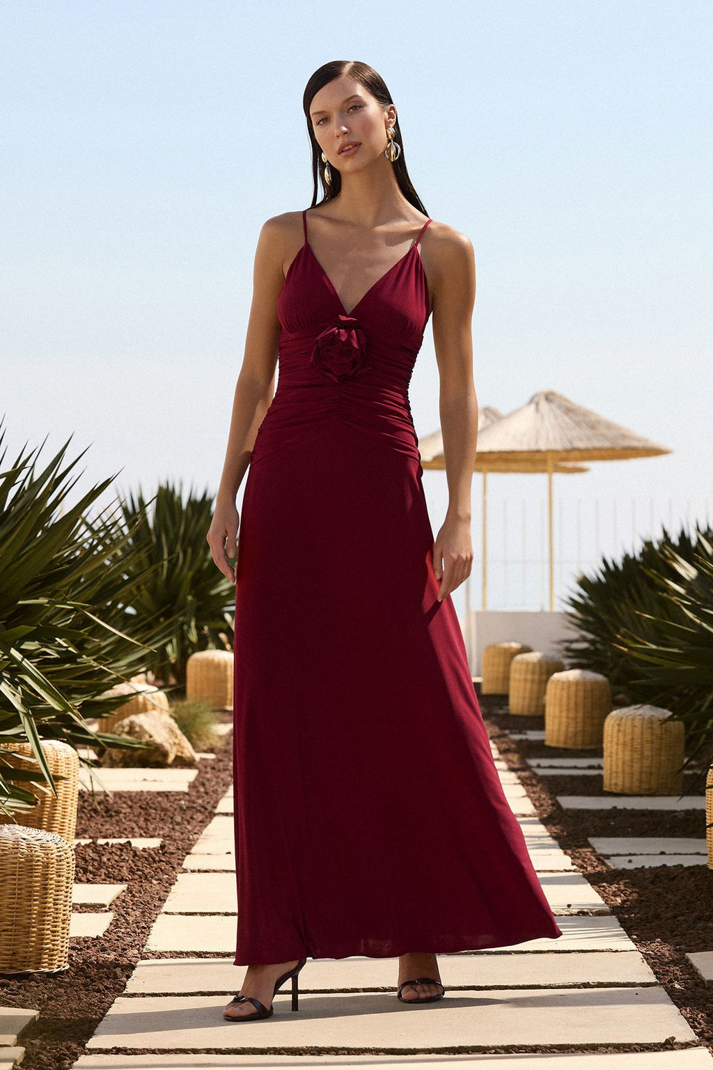 Bordo Gul Detayl? Orme Maxi S?k Abiye Gece Mezuniyet Elbisesi TPRSS25AE00180