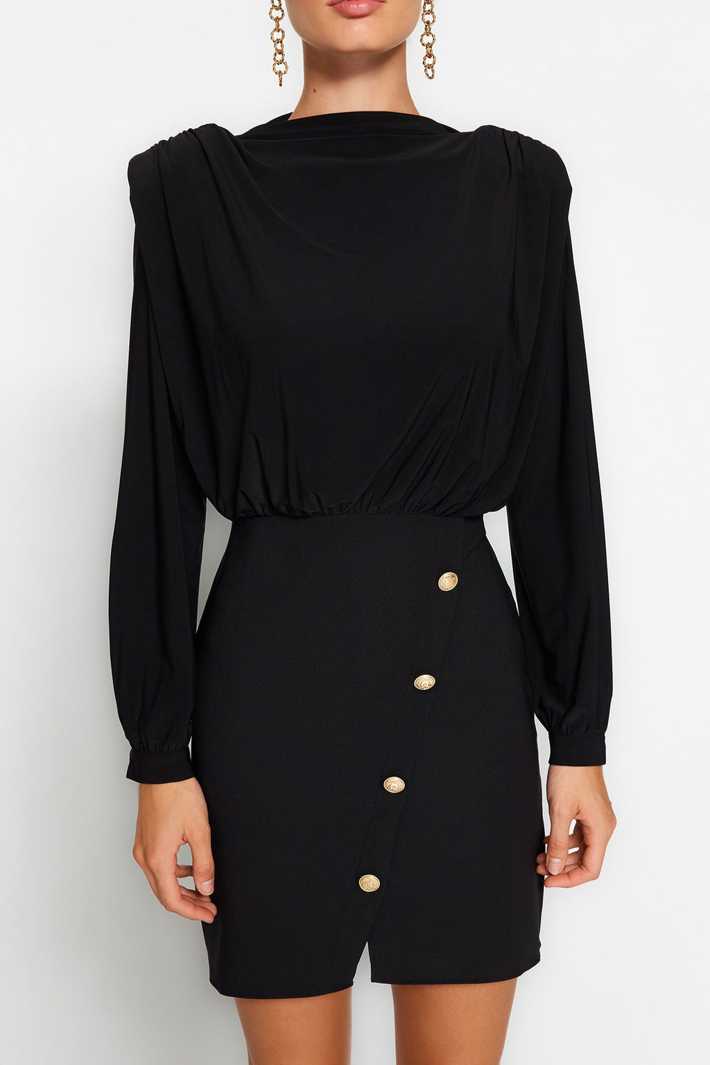 Siyah Vucuda Oturan Vatkal? Dugme Detayl? Mini Dokuma Elbise TWOAW24EL00483