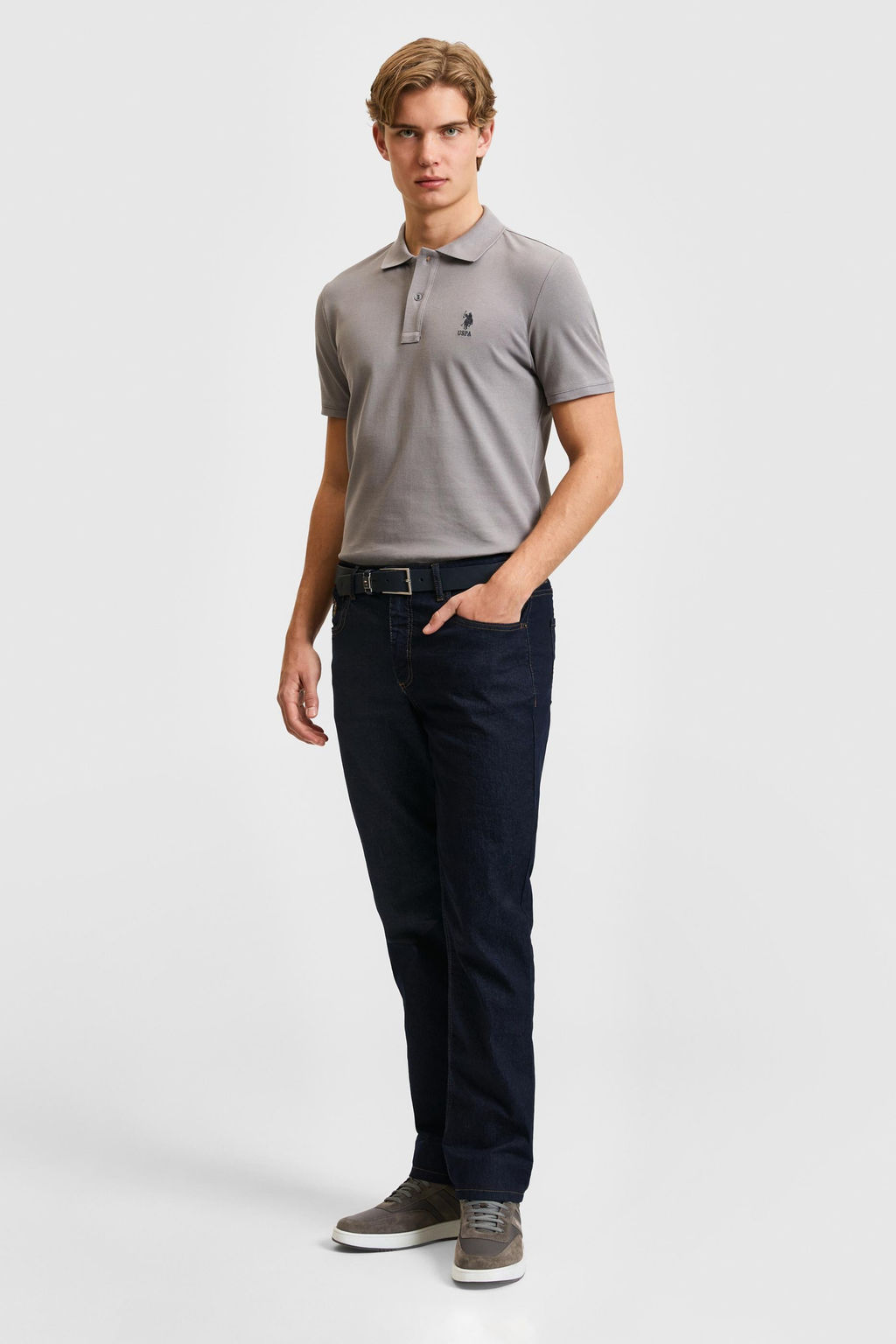 Erkek Slim Fit Polo Yaka Gri Basic Ti__rt