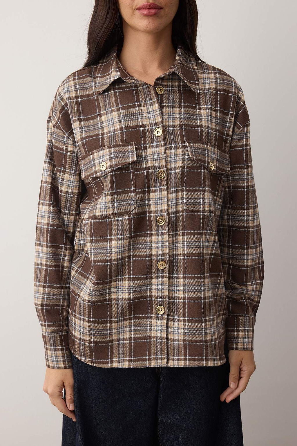 Kahverengi-Cok Renkli Ekose Gold Dugme Detayl? Oversize Gomlek TWOAW26GO00129 - Trendyolmilla фото 3