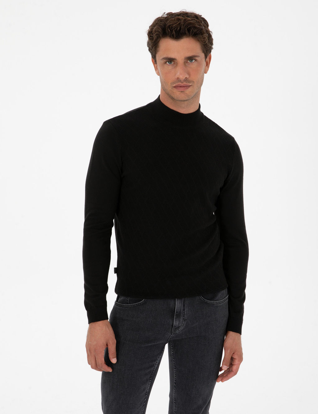 Siyah Slim Fit Yar_m Bal_k__ Yaka Triko Kazak - Pierre cardin фото 3