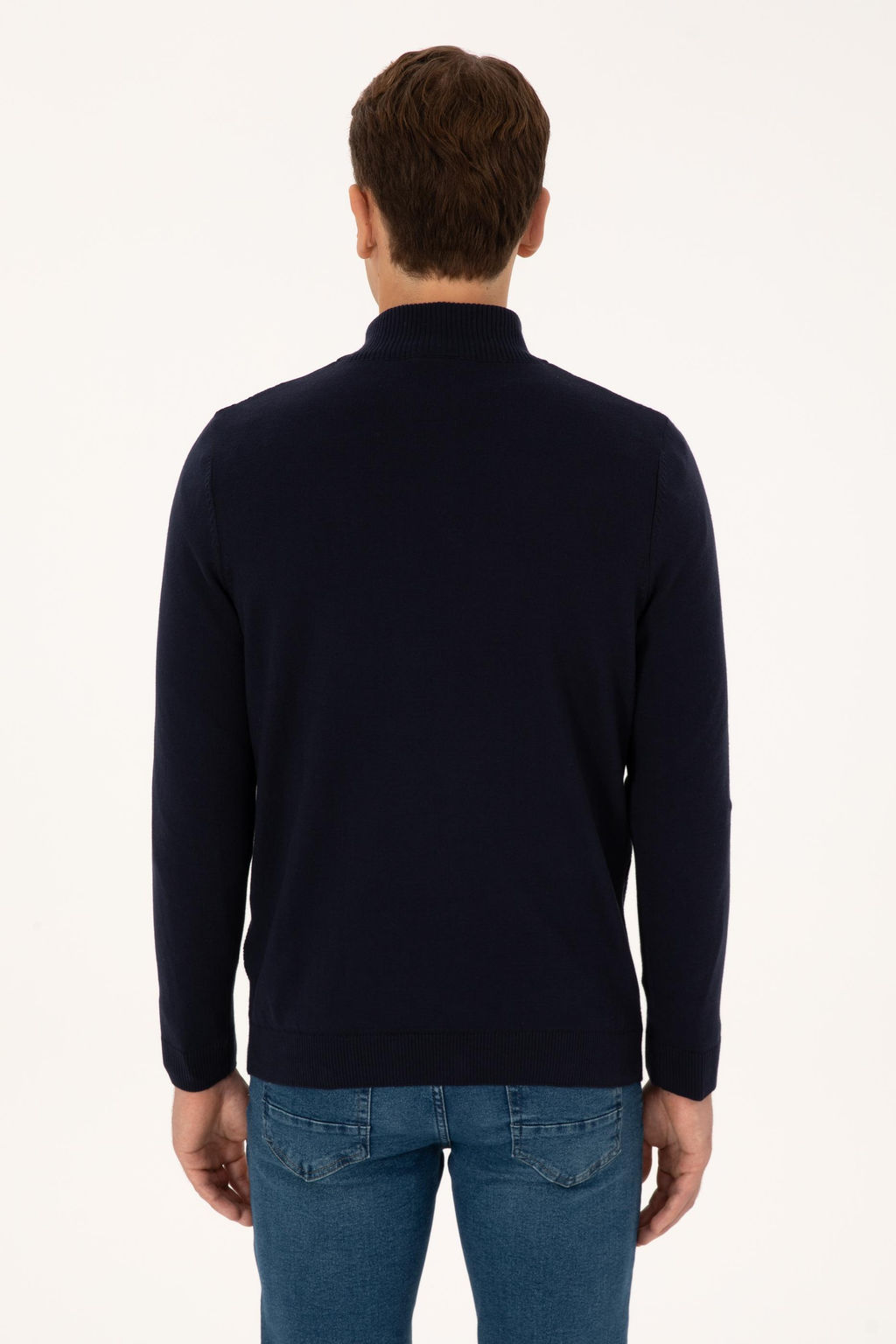 Erkek Slim Fit Yar_m Fermuarl_ Lacivert Kazak