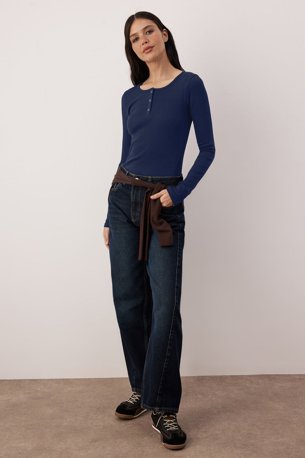 Lacivert C?tc?tl? Fitted/Vucuda Oturan Fitilli Esnek Orme Bluz TWOAW25BZ00080