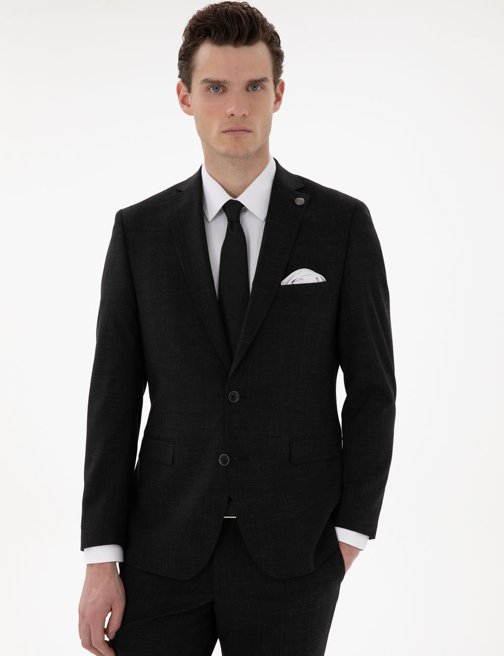 Siyah Slim Fit Y_n Keten Kar___ml_ Tak_m Elbise