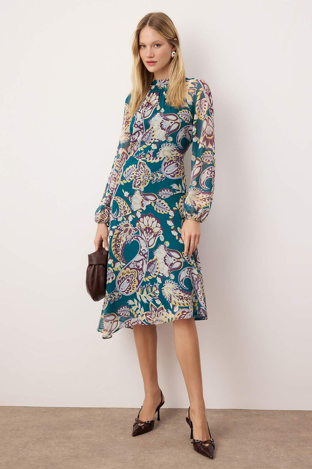 Yesil-Cok Renkli Midi Sifon Astarl? Dokuma Elbise TWOAW26EL00284