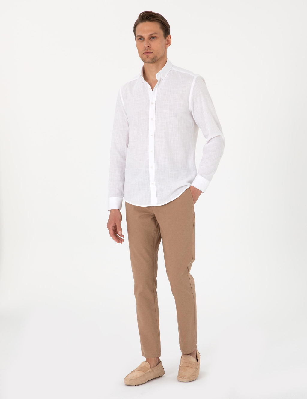 Beyaz Keten G_r_n_ml_ Slim Fit Uzun Kollu G_mlek - Pierre cardin фото 4