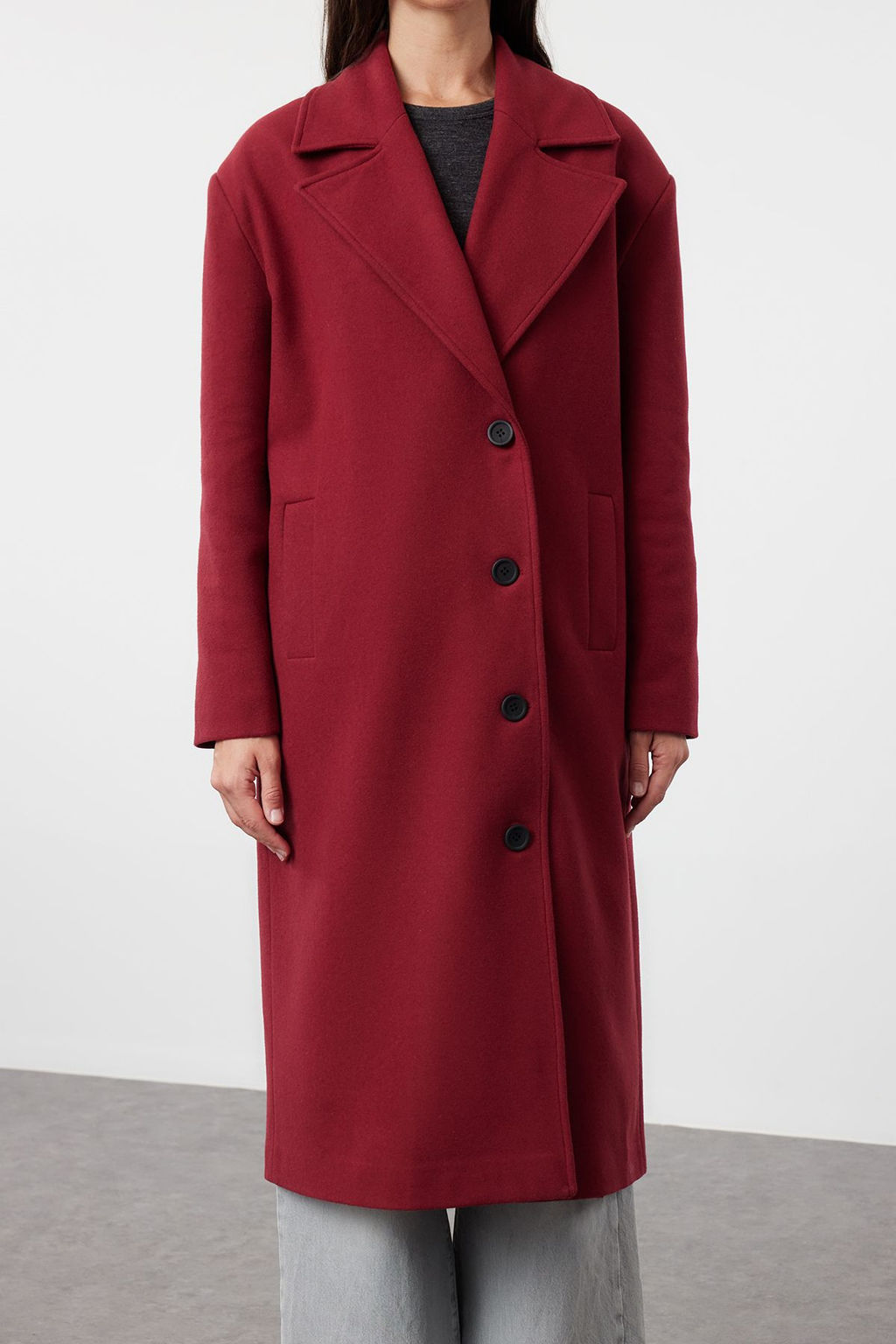 Bordo Asimetrik Kapamal? Yumusak Dokulu Oversize Kaban TWOAW25KB00009 - Trendyolmilla фото 7