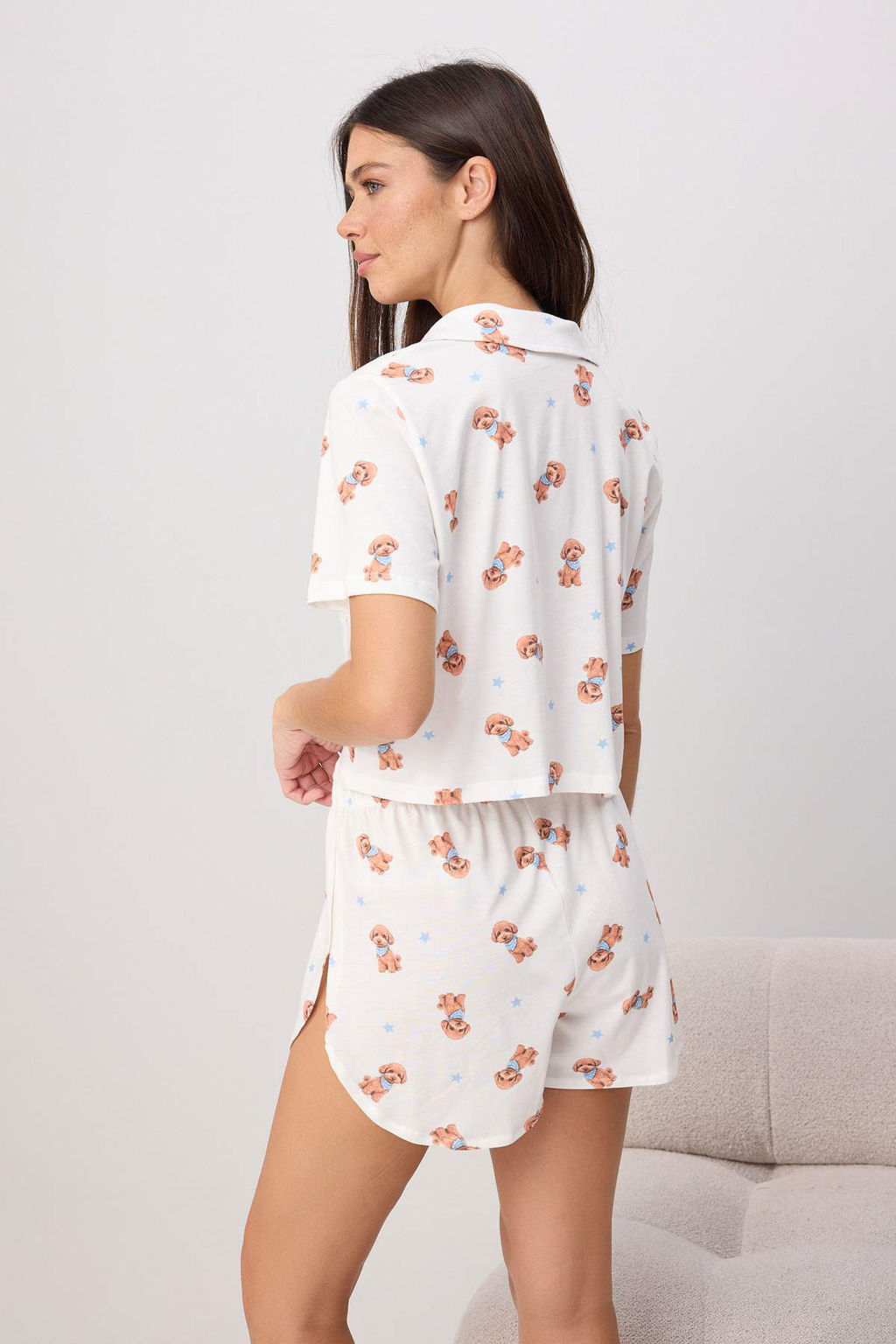 Ekru %100 Pamuklu K_pek Desenli _rme Pijama Tak_m_ THMSS26PT00178 - Trendyolmilla фото 4