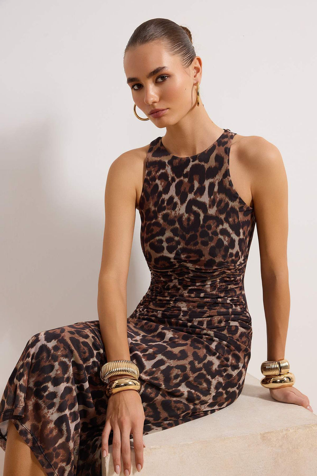 Kahverengi Cok Renkli Hayvan Desenli Leopar Orme Tul S?k Abiye Elbise TPRSS24EL00202