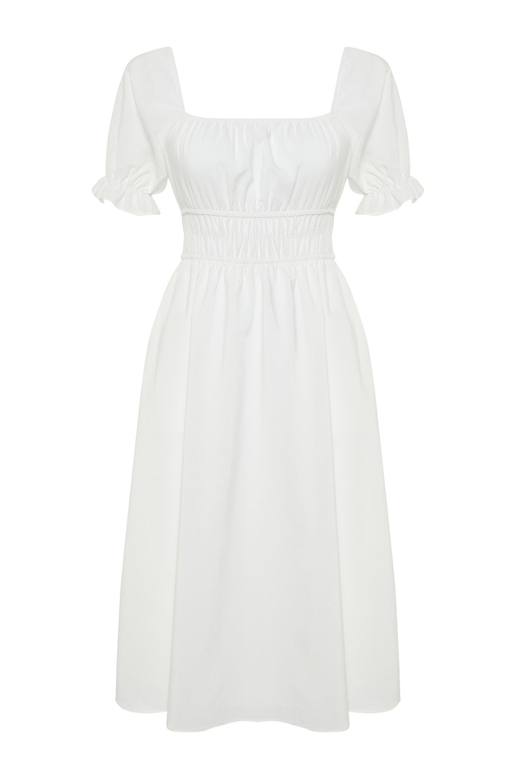 Beyaz Skater/Belden Ac?lan Balon Kollu Astarl? Midi Astarl? Dokuma Elbise TWOSS22EL1768