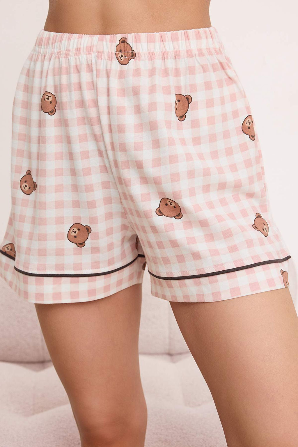 Pembe %100 Pamuk Ekose / Kareli Ay?c?k Desenli Biyeli Orme Pijama Tak?m? THMSS26PT00157