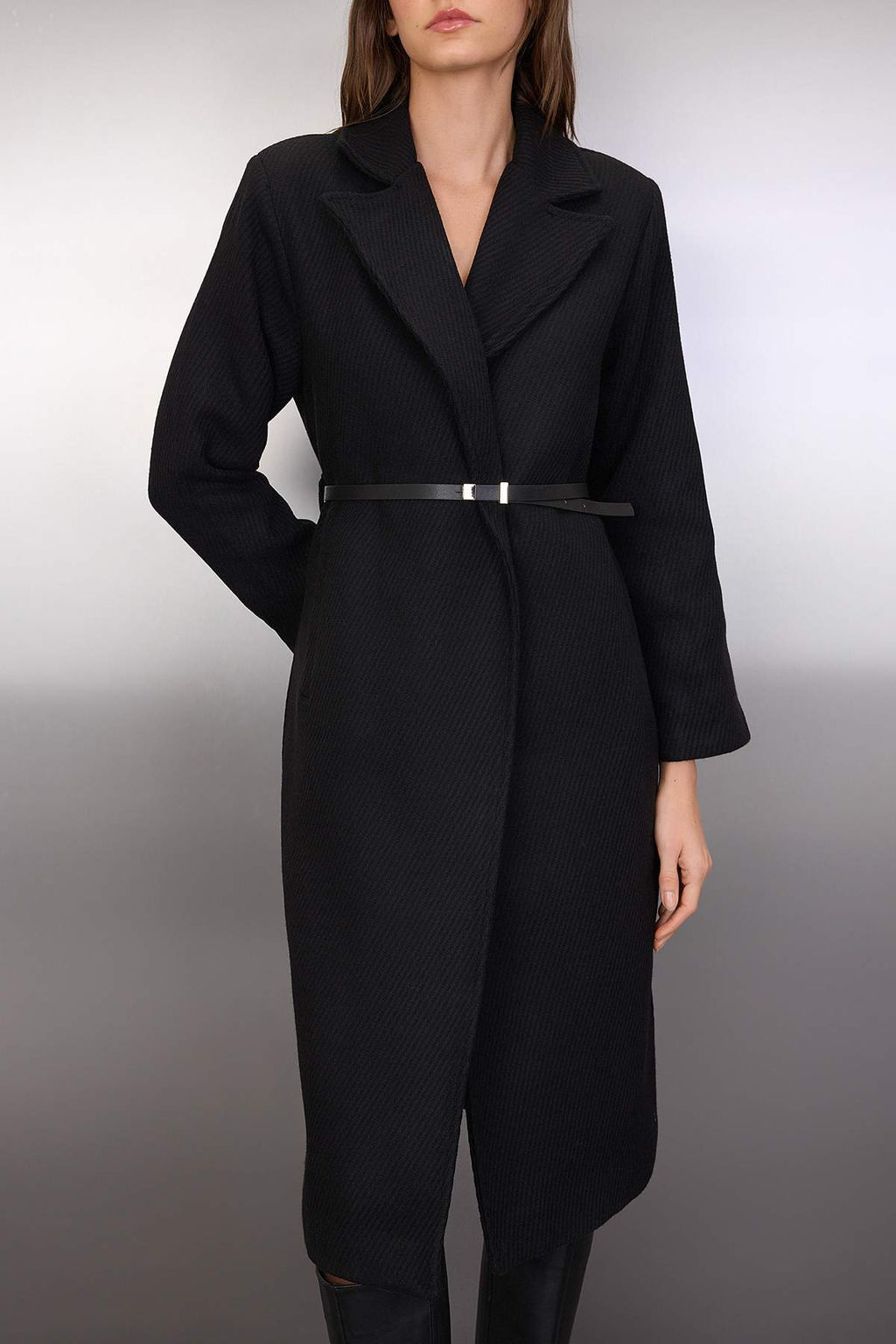 Siyah Deri Kemerli Diagonel Desenli Mono Kapama Regular Midi Kase Kaban TWOAW26KB00056 - Trendyolmilla фото 4