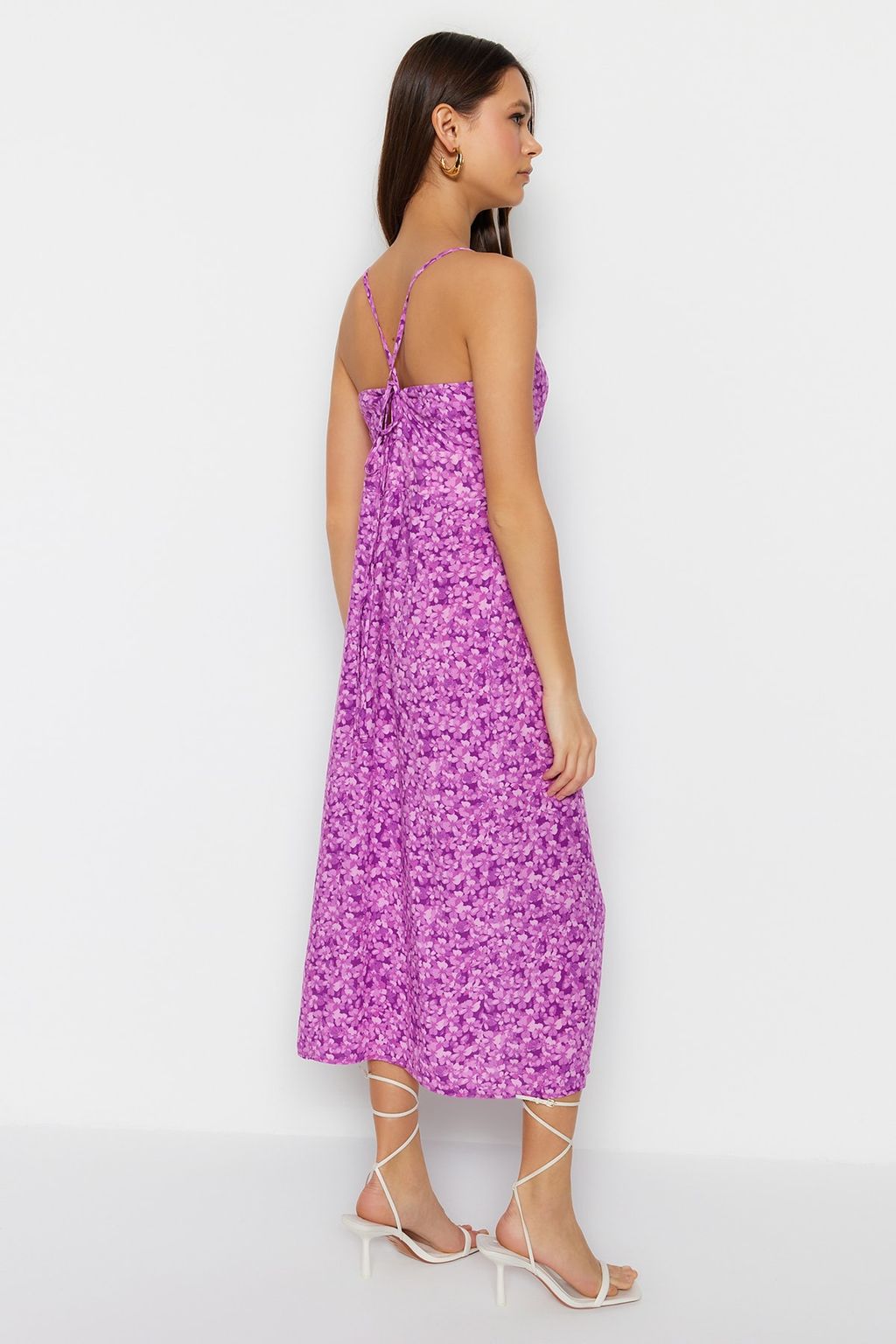 Lila Cicek Desenli Duz Kesim S?rt Detayl? Dokuma Elbise TWOSS23EL02295 - Trendyolmilla фото 5